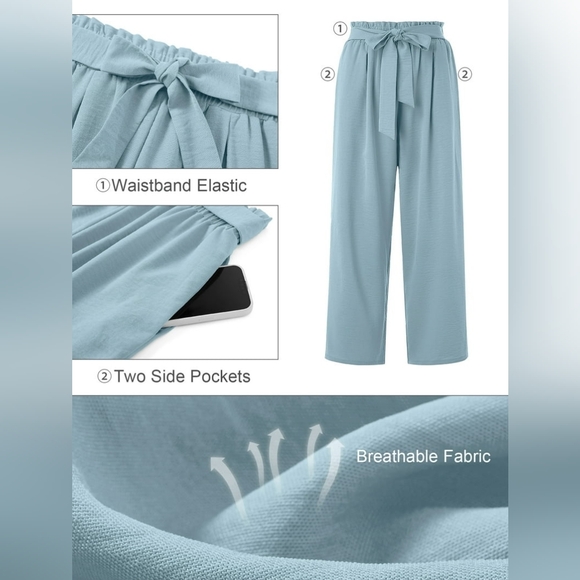 Women's Wide Leg Pants with Pockets Lightweight High Waisted Adjustable Tie Knot - Picture 2 of 4